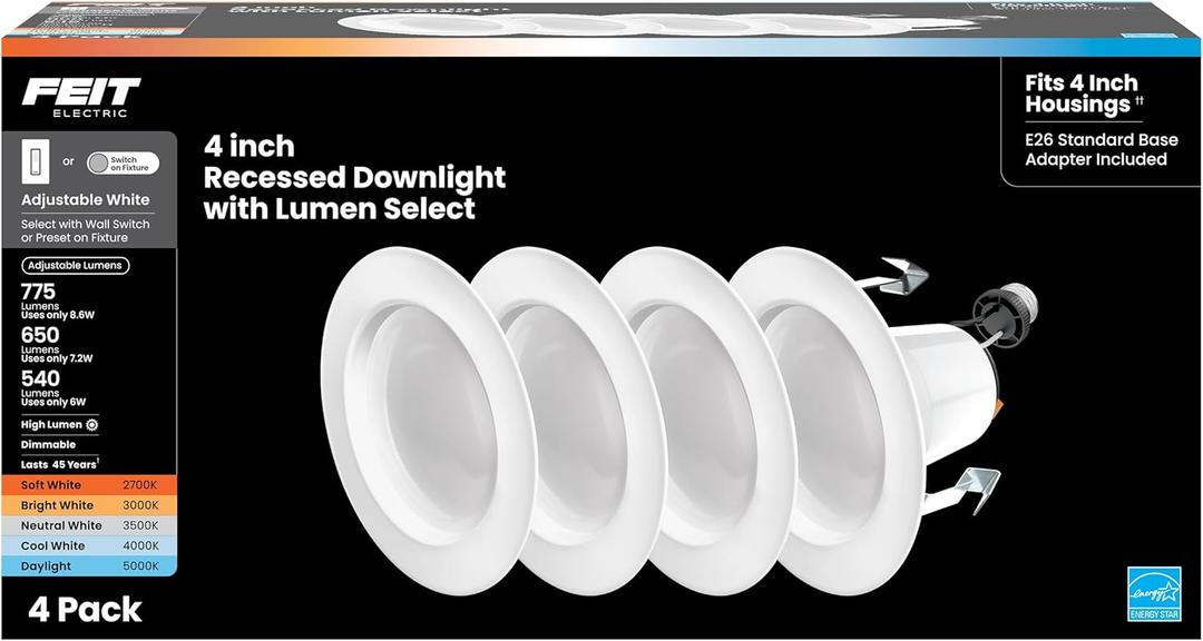 Feit Electric 4" Recessed LED Downlight, 75W Equivalent, Dimmable, Retrofit with E26 Adapter, 5CCT High Output, Light Switch Enabled, Lumen Select, 45-Year Lifetime, LEDR4HO/6WYCA/4, 4 Pack (4 inches, 6Way Adjustable White)