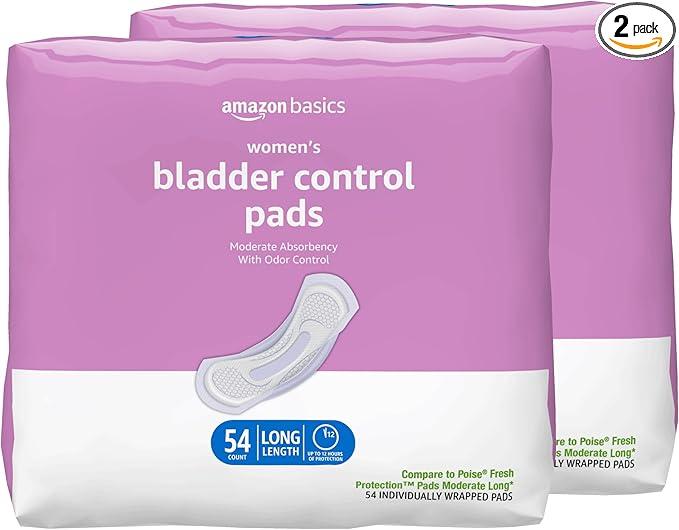 Incontinence Pads for Women Long, Bladder Control, Postpartum, Moderate Absorbency, Unscented, 108 Count (2 Packs of 54)