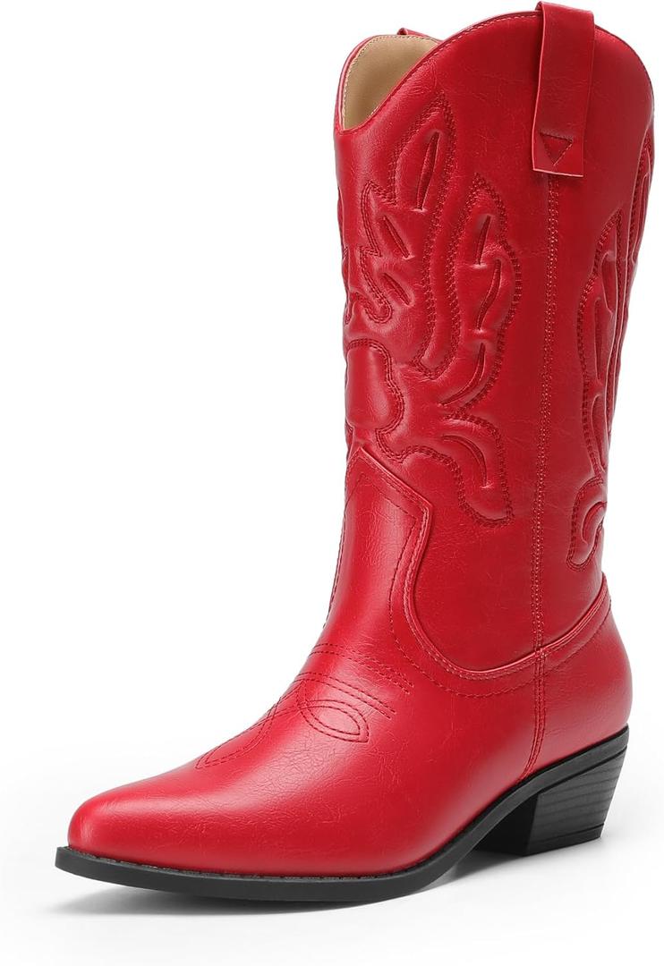 DREAM PAIRS Women's Cowboy Boots Mid Calf Cowgirl Boots Embroidery Stitched Western Boots (7, Red)