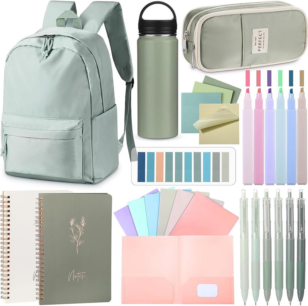 Cunno 28 Pcs Backpack Set Pencil Case Notebook Pen Insulated Cup File Folder Sticky Note Memo Pad Essentials Stationery Kit(Green)