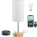 Fenmzee Touch Table Lamp - Cream, 3-Way Dimmable, USB A + C Charging, AC Outlet, 17.4inch Medium, Wood Grain Base
