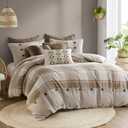 Madison Park Queen Comforter Cotton Jacquard Plaid Cabin Oversized Comforters Queen Bed, Removable Cover, All Season Queen Size Comforter, Décor Pillows, Full/Queen Neutral 8 Piece (Queen(92"x96"))