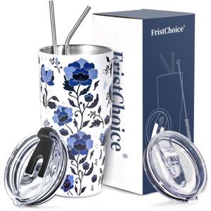 30 oz Tumbler with Lids and Straws Double Wall Insulated Tumbler Cup,Stainless Steel Vacuum Tumbler Powder Coated Travel coffee Mug for Cold and Hot Drinks,Blue and White Porcelain