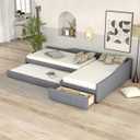 Flieks Upholstered Double Twin Size Daybed with Trundle and Drawer, Gray