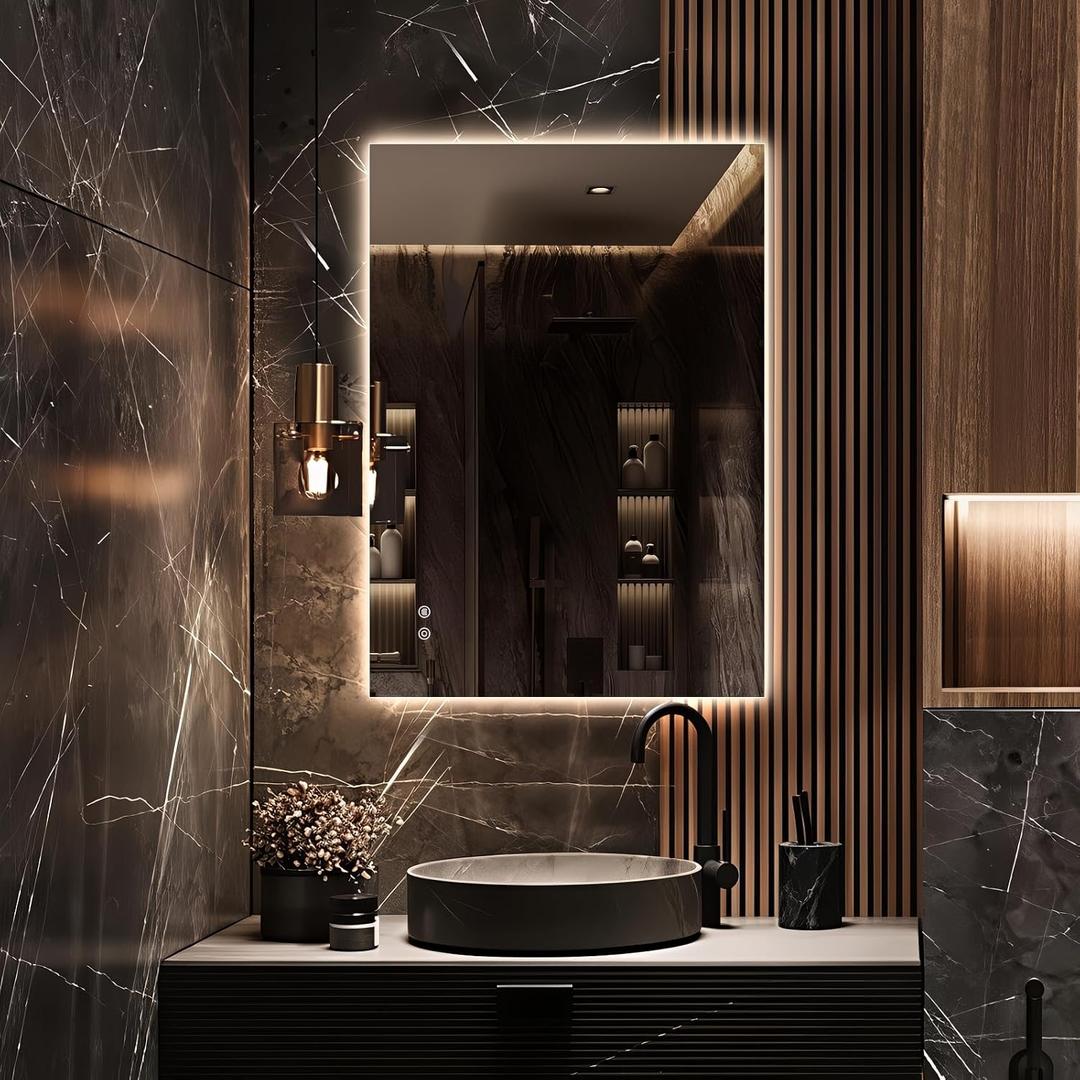 LED Bathroom Mirror with Lights, 20x28 Inch Frameless Backlit Mirror, Larger Anti-Fog Area, Dimmable Vanity Mirror with Memory Function, CRI95+, 3 Colors, UL Listed, Waterproof, Horizontal/Vertical