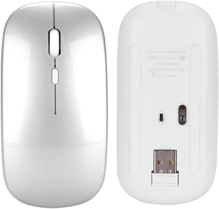 Wireless Silent Mouse, 2.4G Ergonomic Wireless Rechargeable Silent Mouse for PC with USB Receiver (Silver)