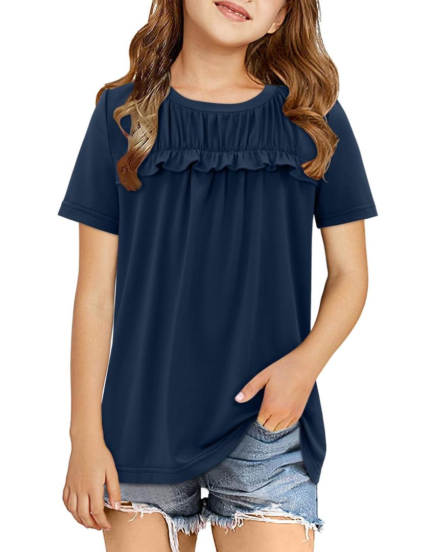 2 x storeofbaby Navy Blue Tops for Girls Tween Short Sleeve Tee Casual Flowy Solid Shirts (Blue, L)