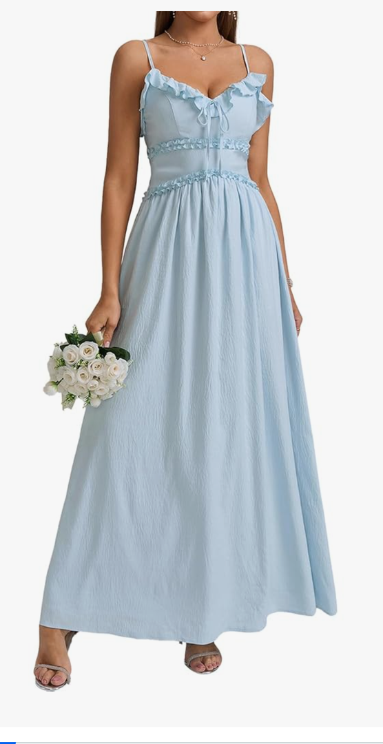 Summer Maxi Dress Spaghetti Strap Ruffle V Neck Casual Flowy Beach Wedding Guest Long Dresses for Women 2025 M