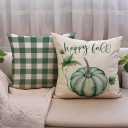 Fall Decorative Throw Pillow Covers,Autumn Pumpkin and Buffalo Check Plaid Design 18x18 Inch Cushion Cases 2Pack Happy Fall Harvest Farmhouse Home Pillowcases for Autumn Thanksgiving(Blue/Green)