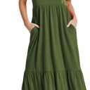 Batermoon Girls Short Sleeve Dress Casual A-Line Flowy Tiered Beach Maxi Dress with Pockcets (Green)