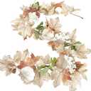 Sggvecsy Fall Maple Leaf Garland with White Pumpkins Clusters of Berries Autumn Hanging Foliage for Home Indoor Outdoor Party Thanksgiving Fireplace Decor (1 PCS)