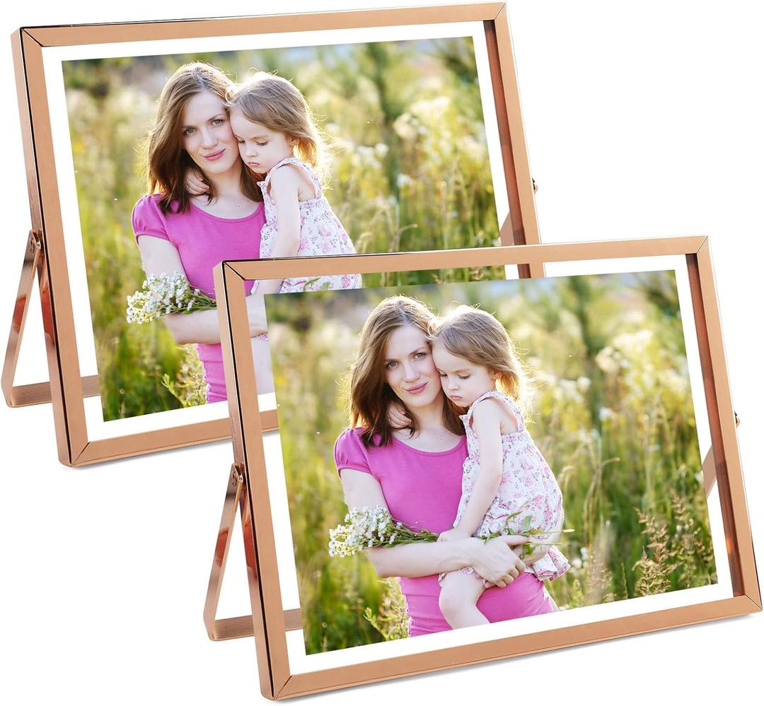 Golden State Art 2 Pack 6x8 Inch Metal Picture Frames for 5x7, 4x6 Floating Photos, with Real Glass and Pull-Out Easel Stand for Tabletop Display (Horizontal) - Rose Gold