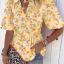 Womens Puff Sleeve Floral Babydoll Tops Lapel Collar V Neck Ruffle Peplum Blouse Smocked Tunic Top Dressy Tee Shirts (Yellow, M)