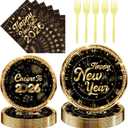 Happy New Years Decorations - 96 PCs Cheers to 2026 Eve Plates and Napkins Forks Tableware Black and Gold Paper Disposable Dessert Dinner Dinnerware Party Supplies Set Gift Serve 24 Guests