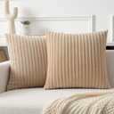 Kevin Textile Throw Pillow Covers Soft Corduroy Decorative Set of 2 Boho Striped Pillow Covers Pillowcases Farmhouse Home Decor for Couch Bed Sofa Living Room 24x24 Inch Beige