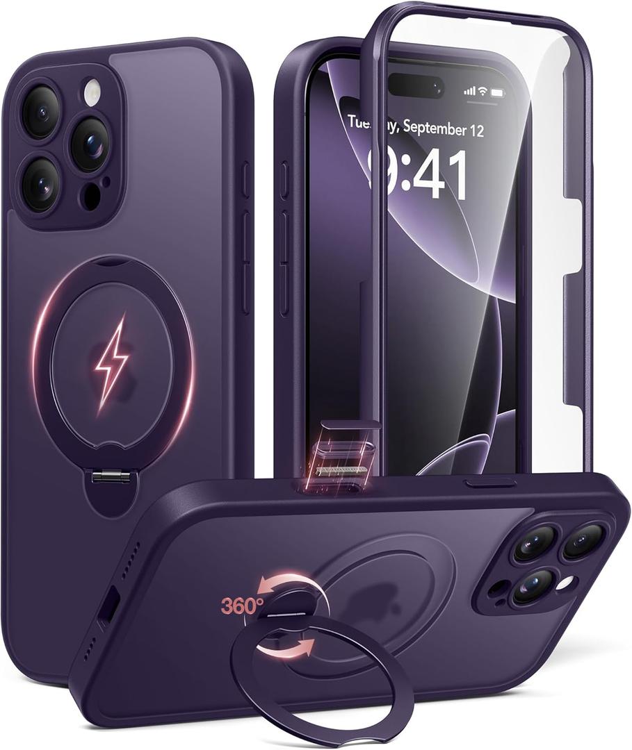 BERFY for iPhone 16 Pro Max Case, Compatible with MagSafe, Built-in 9H Tempered Glass Screen Protector and 360 Spin Magnetic Stand, Full Body Shockproof Phone Case for 16 Pro Max 6.9", Matte Purple