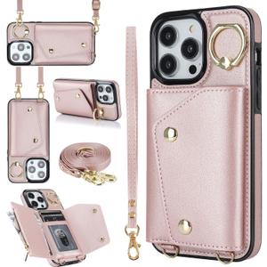 LUVI Compatible with iPhone 15 Pro Wallet Case with Card Holder Crossbody Neck Strap Lanyard Wrist Strap Purse for Women PU Leather Flip with Credit Card Kickstand Stand Cover Rose Gold