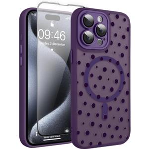 Magnetic for iPhone 15 Pro Max Case with Screen Protector [Compatible with MagSafe] Pretty Polka Dot Pattern Design, Shockproof Slim Cover for Women Girls, Dark Purple