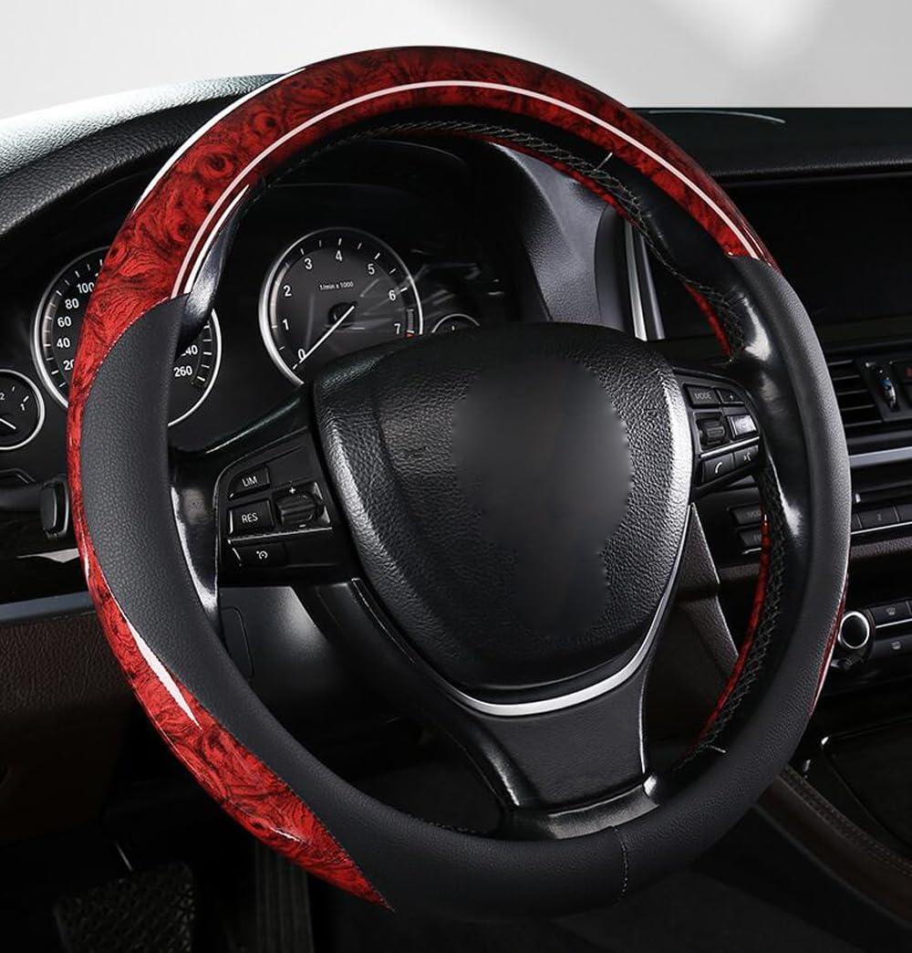 Classic Style Steering Wheel Cover Peach Wood Grain Four Seasons Universal Breathable Anti-Slip Car Wheel Protector 15 Inch Fit (Red)