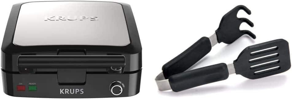 KRUPS 4Slice Belgian Waffle Maker: Stainless Steel, 5 Browning Levels, Audible Ready Beep, Removable Plates, 1200W, Silver/Black, Large Waffle Maker Family Size, Great for Family Breakfasts