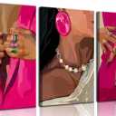 3Pcs Pink Black Woman Canvas Wall Art Trendy Black Girl Painting Picture Wall Decor African American Poster Print Artwork For Living Room Bedroom Home Decoration