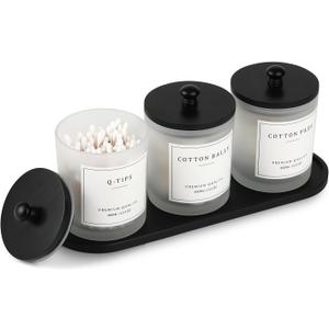 3 Pack Qtip Holder - Bathroom Organizers and Storage, Cotton Round Swab Holder Dispenser Cotton Ball Holder with Tray, Glass Apothecary Jars with Lids, Floss Pick Containers - ms black