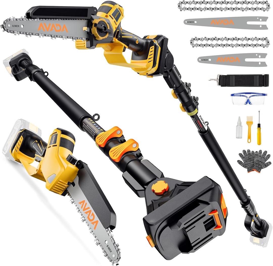 2-IN-1 Cordless 8-Inch Pole Saw & Chainsaw for De-WALT 20V MAX Battery - 1200W Brushless Motor, Total Reach of Max 15.9 FT, Lightweight, 8"&6"Electric Pole Saws for Tree Trimming Pruning (Tool Only)