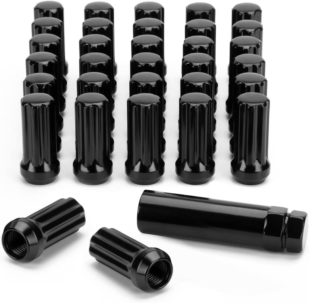 M14x1.5 Lug Nut for Chevy Silverado 1500 2500 GMC Sierra Ford F250 F350 Ram Aftermarket Wheel, 32pcs Black 2 inches Length Cone Seat Closed End Long Extended XL Spline Wheel LugNuts with 1 Socket Key