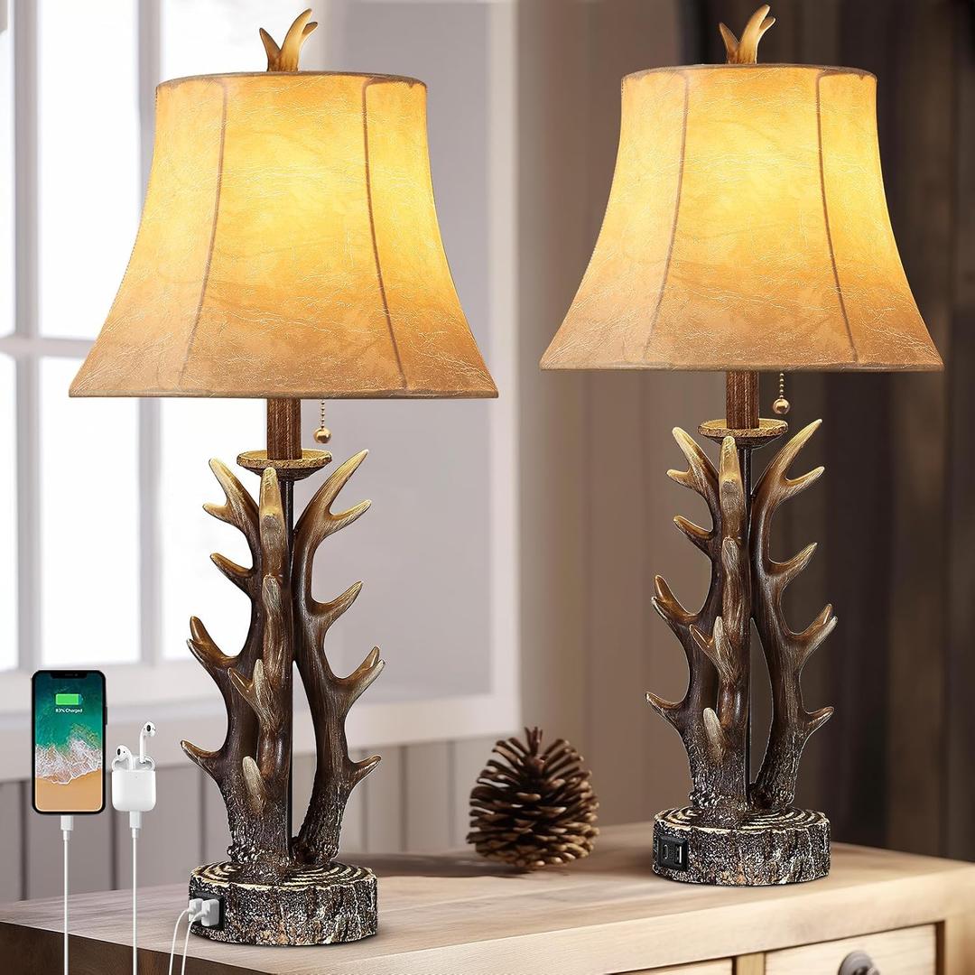 Antler Table Lamps Set of 2 with USB A+C Ports 28" Tall Rustic Farmhouse Deer Bedside Lamps with Faux Leather Bell Shade for Bedroom Living Room Office Decor Western Cabin End Table Lamp, Pull Chain