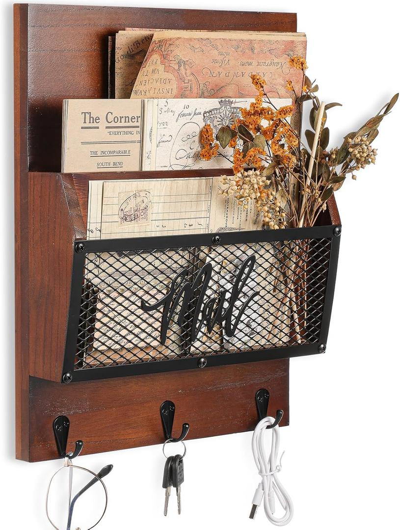 Farmhouse Mail Organizer Wall Mounted Rustic Mail Holder Hanging Key Sorter with 3 Hooks Indoor Wooden Wall Mounted, Letter, Magazines, Newspapers, Keys(Dark Brown)