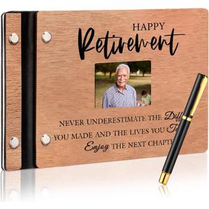 Wood Retirement Guest Book with Signature Pen Retirement Party Decorations Supplies Gifts for Women Men Office Colleague Advice and Wishes(Retirement)