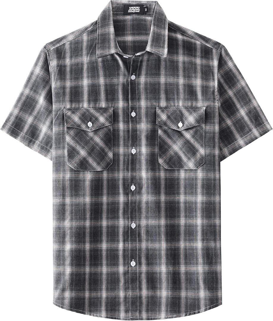 JOGAL Mens Plaid Short Sleeve Button Down Western Shirts with Pockets | Western Cowboy, Work Shirts, Button Up, Classic Plaid, Two Pockets, Regular Fit, Y2K, Flannel, Daily Wear, Casual, Summer (Black, XXL)