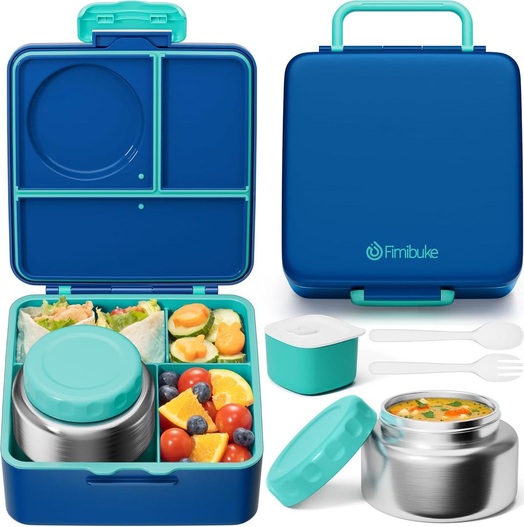 Fimibuke Bento Box for Kids Adult, BPA Free & Leakproof Toddler Lunch Box with 8.5oz Insulated Thermos Food Jar, Utensils & Sauce Jar, Dishwasher Safe 3 or 4 Compartment Container for School Girl Boy (A13. Nautica Blue)