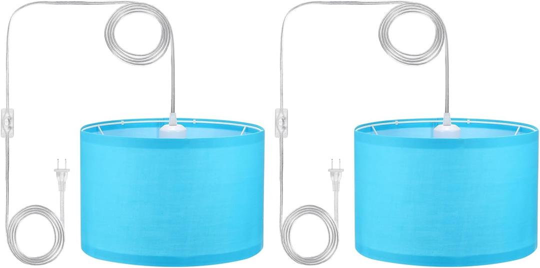 PATIKIL Plug in Pendant Light, 2 Pack 15Ft Rope Cord Hanging Lamp Fixture with ON/Off Switch, Linen Fabric Shade E26/E27 Bulb Socket for Bedroom Kitchen Living Room, Light Blue