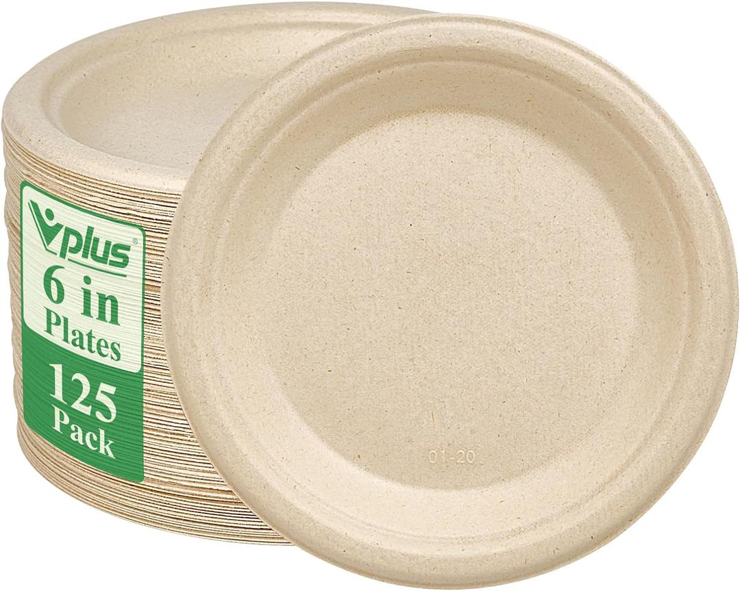 Vplus 125 Pack 6 inch Paper Plates 100% Compostable, Heavy-Duty Disposable Paper Plates Bagasse Natural Biodegradable Eco-Friendly Sugarcane (Nature)