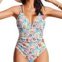 AI'MAGE Womens One Piece Swimsuit V Neck Ruched Bathing Suit Double Straps Crisscross Back Floral Print Swimwear S-XXL
