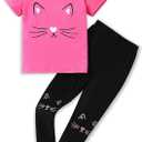 7-8T Toddler Girl Clothes Cat face print Short Sleeve Top+Pants Outfits Girl Spring and summer 2-Piece Set