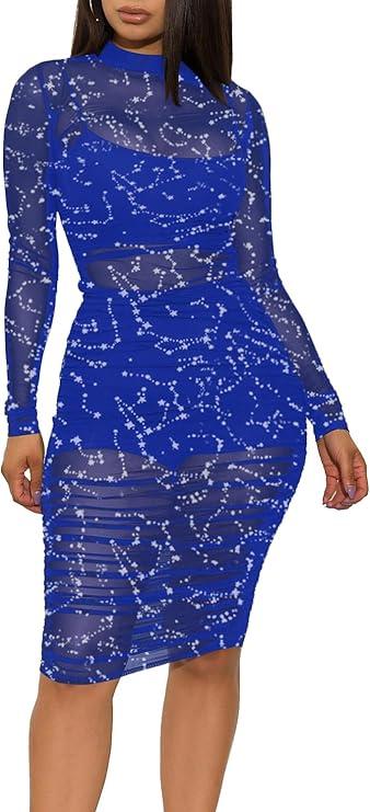 LYANER Women's Mesh Long Sleeve Bodycon Dress 3 Piece Outfit with Cami Shorts S
