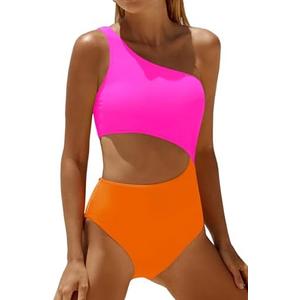 Women's One Piece Swimsuit- One Shoulder Bathing Suit Cutout Tummy Control Swimwear.XL