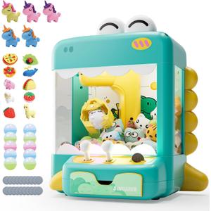 Skirfy Dinosaur Claw Machine, Mini Vending Machine with Lights & Music, Adjustable Sound, Candy and Electronic Prize Dispenser, Includes 45 Toys, Candy and Birthday Gift for Kids Boys