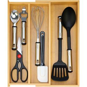 Large Bamboo Silverware Drawer Organizer Tray Kitchen Tool Drawer Divider Organizers Storage Expandable Cooking Utensil Organizer Wooden Cutlery Tray Spoon Flatware Organizers Utensil Holder Drawers ((8"-12.6")x 15.7")
