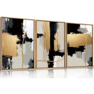 Abstract Black Gold Framed Canvas Wall Art Set, Modern Minimalist Black White Wall Decor, Neutral Color Block Line Art Print for Living Room,  Bedroom, Dining Room,Office-24 x36 x3