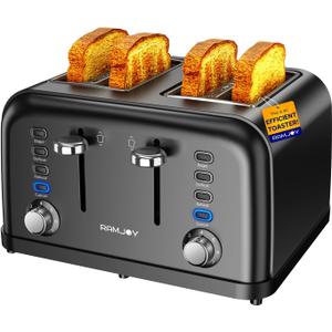 RAMJOY Black Toaster 4 Slice, Dual Independent Controls, Extra Wide Slot Toasters for Bagel, Bread, Waffles, 7 Shade Settings, 4 Main Functions, Removable Crumb Tray, 1500 Watts, Black Stainless Steel