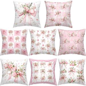 8 Pcs 18x18 Inch Pink Bow Floral Pillow Covers Cute Coquette Room Decor Bow Knot Aesthetic Girly Pillowcase Set Watercolor Aesthetic Preppy Grandmillennial Room Decoration Bedroom Sofa Decor