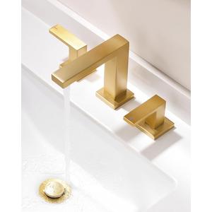 Brushed Gold Bathroom Faucets， Vanity Faucets for Sink 3 Hole ，Two Handles Widespread 4 Inch 8 Inch Brass Bathroom Sink Faucet with Pop Up Drain and Cupc Lead-Free Hose