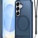 for Samsung Galaxy S25 Case with Screen Protector+Lanyard Wrist Strap,Magnetic Translucent Matte Rugged Slim Phone Cover Built in Invisible Kickstand [Fit for MagSafe],2025 Navy Blue