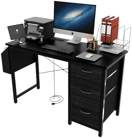 Computer Desk for Home Office - 47 Inch Computer Desk with Fabric Drawers, Power Outlets, Ideal for Daily Work & Study in Bedroom or Home Office (Black)