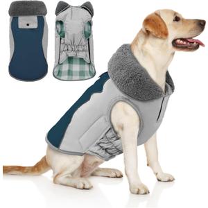Doglay Dog Coat Waterproof Warm Dog Winter Jacket,Christmas Reflective Fleece Puppy Winter Coat with Harness Hole, Adjustable Snow Jacket for Small Medium Large Dogs (Blue+Grey)