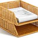 Yeaqee 2 Pcs Paper Tray Organizer for Desk Woven Letter File Organizer A4 File Tray Desk Paper Basket Letter Size Imitation Rattan Holder Organization Rack for Office Storage(Brown,Sleek Style)