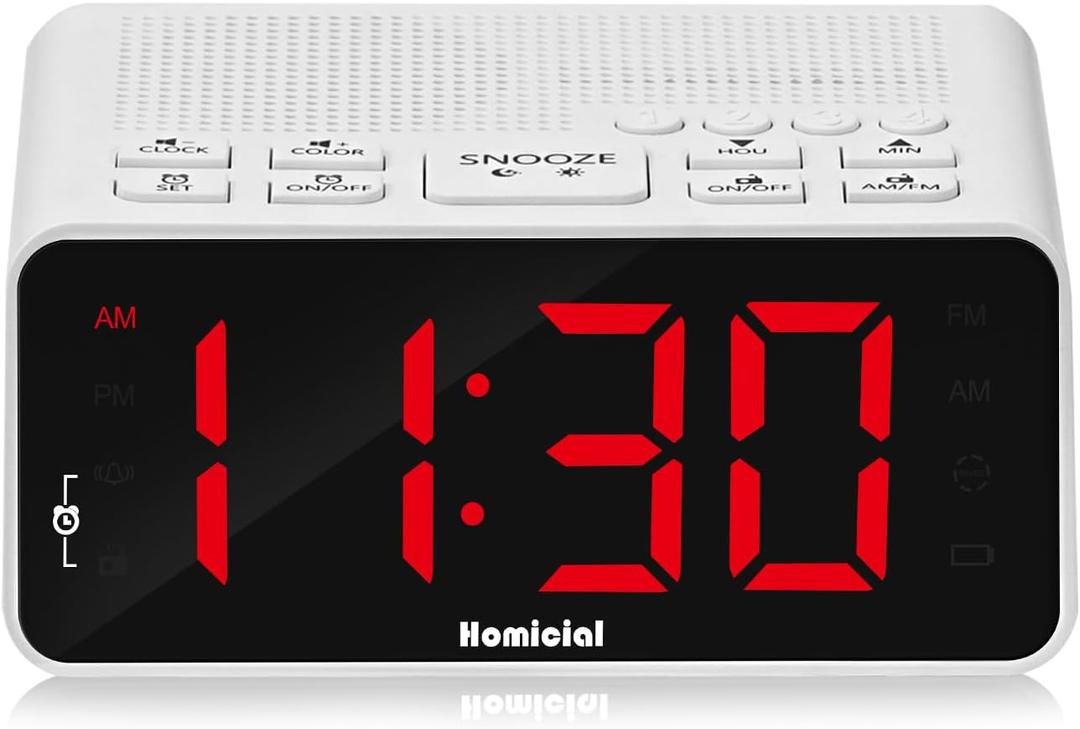 Digital Alarm Clock Radio with AM/FM Radio, Multi-Colors 1.4” LED Digits, Preset, Sleep Timer and Clear Display with Dimmer for Bedroom Bedside, Outlet Powered with Battery Backup (White C)